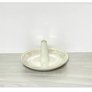 Vintage Porcelain Ring Jewelry Dish with Floral Design And Gold Trim.